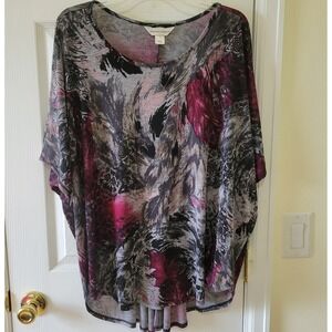 Christopher & Banks Top Size XL Multicolor Short Dolman Sleeve Floral Hi Lo Hem